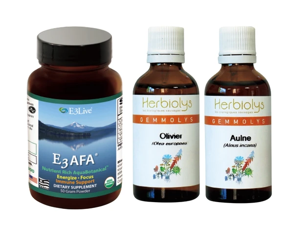 〈右〉脳を癒やす植物幹細胞のチンキ。エルビオリス ブレイン ジェモセット（オリーブ＆ハンノキ） 50ml×2本 ￥12441／ビープル バイ コスメキッチン　〈左〉恋愛ホルモン物質を高濃度で含有するAFAブルーグリーンアルジー。E3Live AFA パウダー 50g ￥11880／E3Live Japan