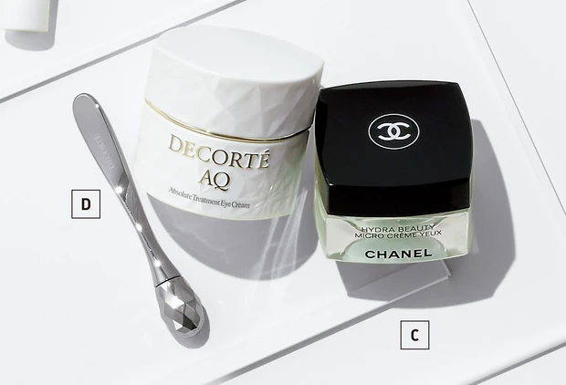 C イドゥラ ビューティ マイクロ アイ クリーム 15g ￥9900／シャネル  D AQ アブソリュート アイクリーム タイトフォーカス ローラーマッサージャー付き 15g ￥16500／コスメデコルテ（9/16発売）
