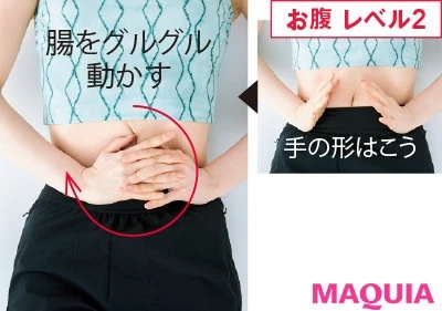 親指の付け根を中心に、ぐっとお腹に入れ込むマッサージ。時計回りに、腸を動かすイメージで10回転。