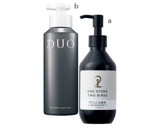 a ONE STONE TWO BIRDS 洗顔だけじゃない＋パックもできる洗顔料ホワイトプレミアム 150ml ￥2200／b&w　b デュオ ザ ブライトフォーム BK 150g ￥3300／プレミアアンチエイジング