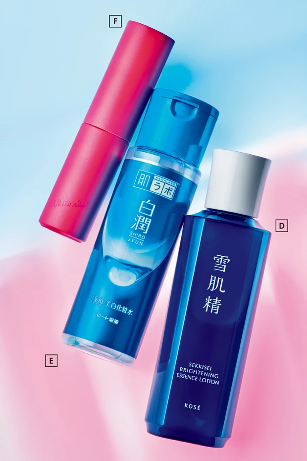 【対策2】美白アイテムで抗炎症も叶える_D 薬用雪肌精 ブライトニング エッセンス ローション［医薬部外品］200ml ￥3850（編集部調べ）／コーセー_E 肌ラボ白潤 薬用美白化粧水［医薬部外品］170ml ￥814（編集部調べ）／ロート製薬_F ホワイトショット フェイシャルセラム［医薬部外品］25ml ￥16500／ポーラ