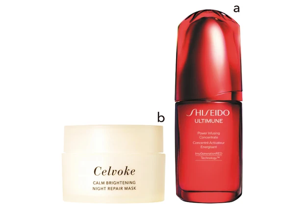 a アルティミューン™ パワライジング コンセントレートⅢn 30ml ￥8800／SHISEIDO（10/1発売）　b カームブライトニング ナイトリペアマスク 50g ￥4730／セルヴォーク