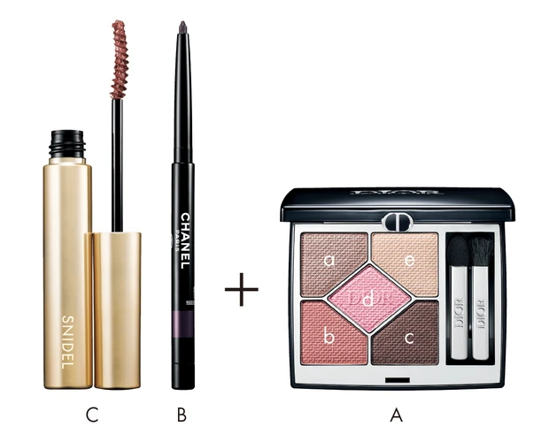 ピンクのアイパレットで作るおすすめピンクメイク5選_3.「低温ピンク」で媚びない甘さを手に入れるピンクメイク_Aディオールショウ サンク クルール 123 ¥9570/パルファン・クリスチャン・ディオール(限定品)_Bスティロ ユー ウォータープルーフ N 83 ¥3960/シャネル_Cロング ラッシュ マスカラ 03 ¥3410/スナイデル ビューティ