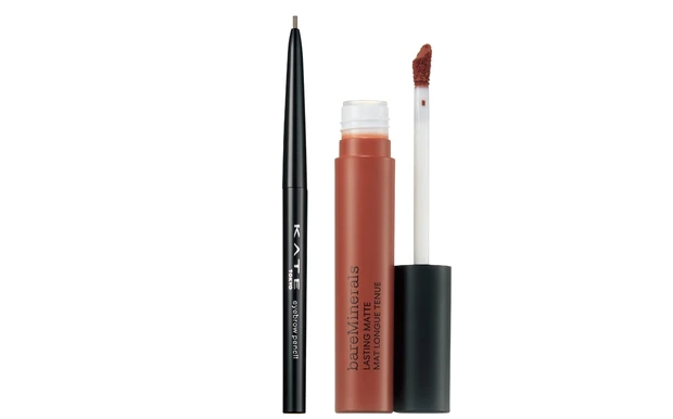 （左から）ケイト アイブロウペンシルZ BR-2 ￥605（編集部調べ）／カネボウ化粧品、ミネラリスト マット リキッド リップカラー デターマインド ￥3850／ベアミネラル