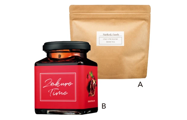 A  オリジナルブレンドハーブティー 約1カ月分 ￥6000／ネロリハーブ　B Zakuro Time 200g ￥3300／ざくろタイム