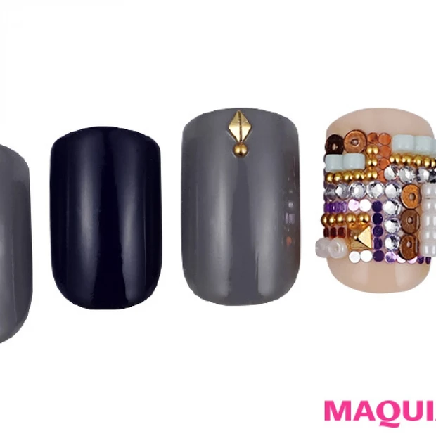 一点豪華主義の「くすみカラー」ネイルは、華やかビーズでアートな輝き