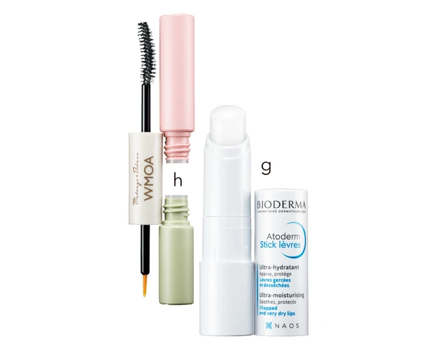 g ビオデルマ アトデルム リップスティック ￥1320／NAOS JAPAN　h まつ毛デラックス WMOA ￥5500／ファーマフーズ