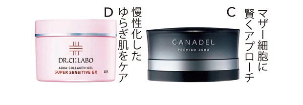 C カナデル プレミアゼロ 58g ￥6380／プレミアアンチエイジング　D 薬用アクアコラーゲンゲル スーパーセンシティブEX（医薬部外品） 120g ￥8580／ドクターシーラボ