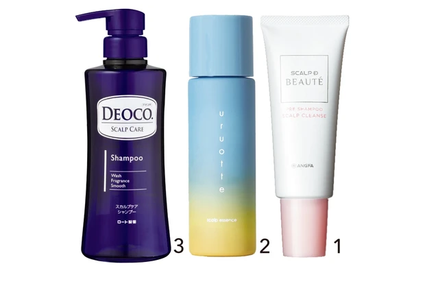 1スカルプD ボーテ スカルプクレンズ 100g ￥2750／アンファー　2uruotte ハーバルエッセンス 爽 薬用育毛料（医薬部外品） 90ml ￥4180／クィーン　3デオコ スカルプケアシャンプー 350ml ￥1540（編集部調べ）／ロート製薬