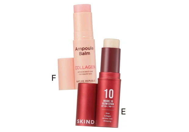 E SKIND Magic 10 Glow Stick SPF50+・PA++++ 10g￥3960／SKIND JAPAN　Fネイチャーリパブリック スティック美容液（コラーゲン） 10g ￥1890／ネイチャーリパブリックジャパン