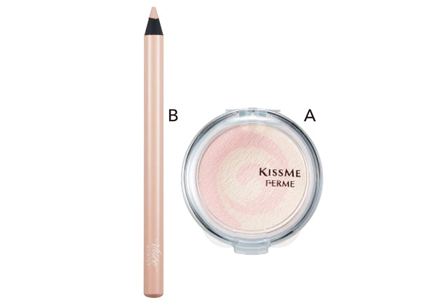 A キスミー フェルム マーブルハイライター 01 ￥1320／KISSME（伊勢半）　B ヴィセ アヴァン リップ＆アイカラー ペンシル 011 ￥1320（編集部調べ）／コーセー