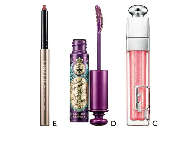 C ディオール アディクト リップ マキシマイザー 010 ￥4620／パルファン・クリスチャン・ディオール　D マジョリカ マジョルカ ラッシュエキスパンダー ロングロングロング EX（フローティング） VI751 ￥1650／資生堂（限定品）　E ルナソル スマッジニュアンスライナー EX02 ￥3300／カネボウ化粧品（限定品）