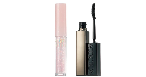 （左から）シュガー トゥインクルリキッド グリッター 01 ￥720／ペリペラ、マスカラ ロング&リフト WP 01 Bold Black ￥3520／アディクション ビューティ