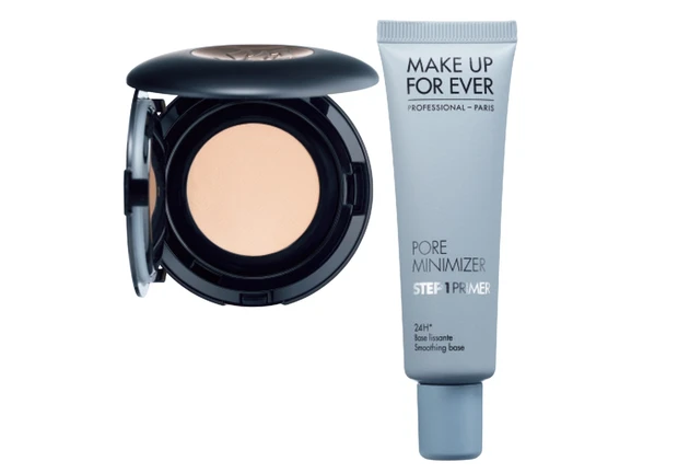 （右から）ステップ1プライマー ポアミニマイザー 30ml ￥5280／メイクアップフォーエバー、タンイドル ウルトラ ウェア スキンフィット メッシュクッション 全5色 SPF40・PA＋＋ 各￥8250／ランコム