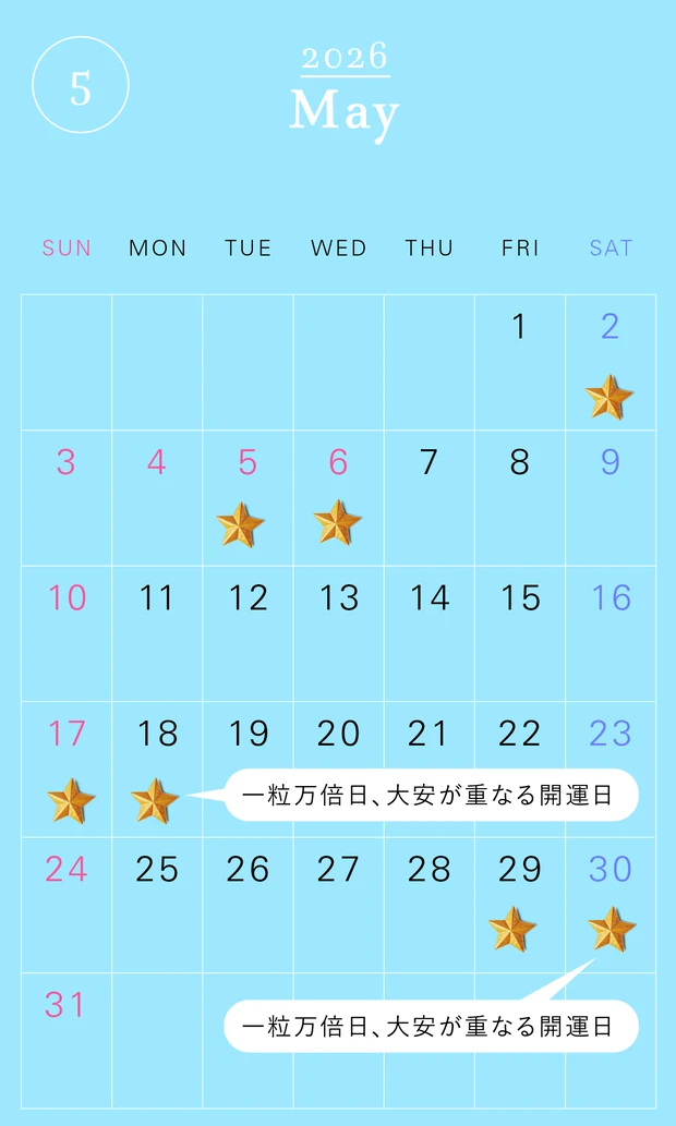 2026年の一粒万倍日カレンダー 2026年5月　開運　吉日　