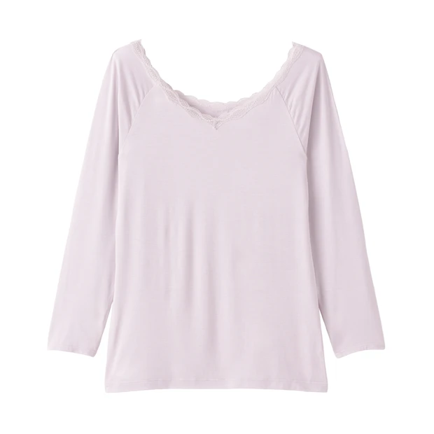 婦人 着るスキンケア レース付きバレエネック八分袖Tシャツ／無印良品