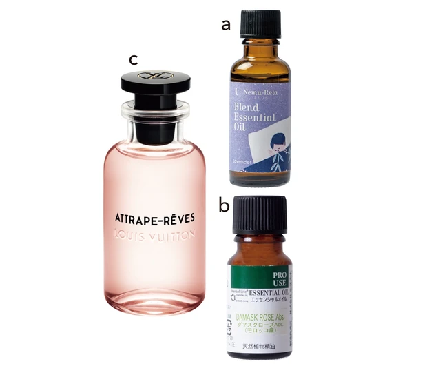 a ネムリラ ブレンド精油 ラベンダー 30ml ¥3520、b ダマスクローズAbs.（モロッコ産）精油 10ml ¥9350／生活の木　c レ･パルファン ルイ･ヴィトン オー ドゥ パルファン アトラップ･レーヴ 100ml ¥38500／ルイ･ヴィトン クライアントサービス