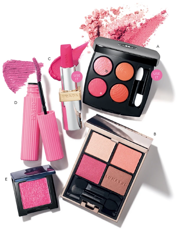 1.「ビビッドな青みピンク」を使った華やかなピンクメイク_Aレ キャトル オンブル 88 ¥9130/シャネル(限定品)_Bルナソル アイカラーレーション 24 ¥6820/カネボウ化粧品_Cモノクローム ウェイトレス リップカラー (マット レザー) P55 ¥6930/プラダ ビューティ_Dファシオ ウルトラ WP マスカラ (ロング) 102 ¥1320(編集部調べ)/コーセー(限定品)_Eエレガンス ラズル アイカラー 52 ¥2310/エレガンス コスメティックス