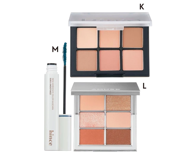 Kブラーフィニッシュアイシャドウ 701￥3190／ディーント　Lアイ ヴィーガン シアーパレット 01￥3828／アミューズ　Mニューアンビエンスカラーマスカラ G003 アンディファインド ￥2200／hince