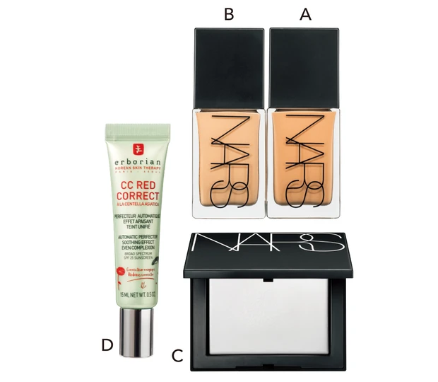 A ライトリフレクティング ファンデーション 02180、B 同 02174 30ml 各￥6930、C ライトリフレクティングセッティングパウダー プレスト N 5894 ￥5830／NARS JAPAN　D エルボリアン CC レッド コレクト／本人私物