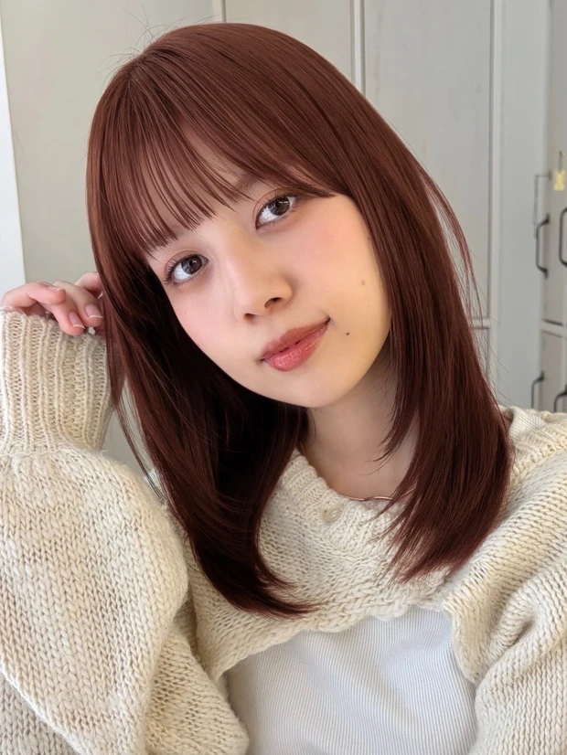 髪型　ミディアムレイヤー　ミディアムヘア　ピンクブラウン　スタイリング