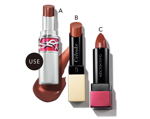 A ルージュ ヴォリュプテ キャンディグレーズ 14 ￥4950／イヴ・サンローラン・ボーテ　B アラウズ リップス 07 ￥3960（限定ケースとセット価格）／セルヴォーク　C ザ リップスティック シアー L 102 ￥3520／アディクション ビューティ（5月12日限定発売）