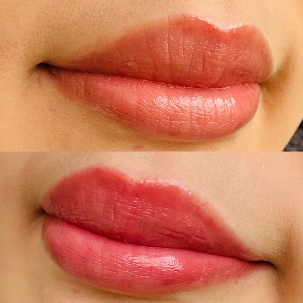 セザンヌのリップカラーシールド 06 ロゼベージュ、07 スイートローズの唇での使用