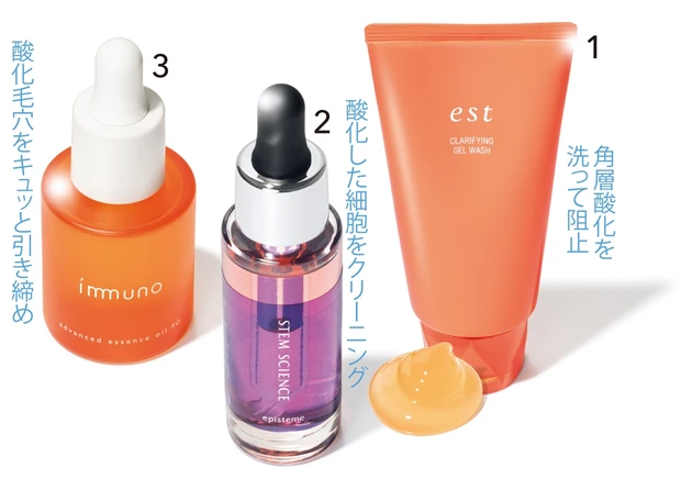 1 エスト クラリファイイング ジェル ウォッシュ 130g ￥4950／花王　2 エピステーム ステムサイエンスオイル 26ml ￥12100／ロート製薬　3 イミュノ アドバンスド エッセンス オイル PO 30ml ￥7150／プレミアアンチエイジング