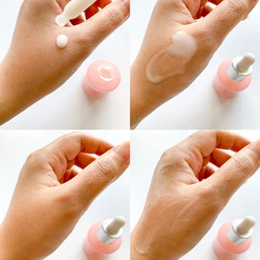 クリニークの美容液を手の甲になじませた様子。ベタつかず、内側から潤うツヤ肌に。