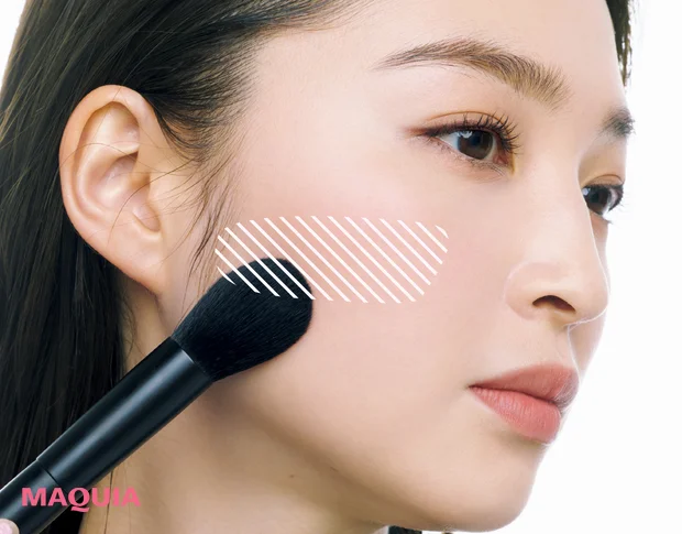 「ぷっくり幼い丸み頬」タイプのチークの入れ方 頬骨の下のくぼんでいる部分に入れる