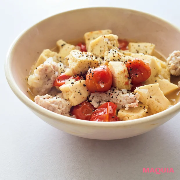 長谷川あかりさんの人気レシピ 高野豆腐と鶏ひき肉とミニトマトの洋風煮 作り方