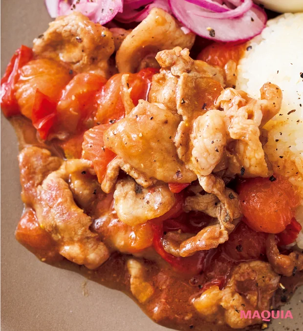 長谷川あかりさんの人気レシピ 豚こま切れ肉のトマト豆板醤仕立て