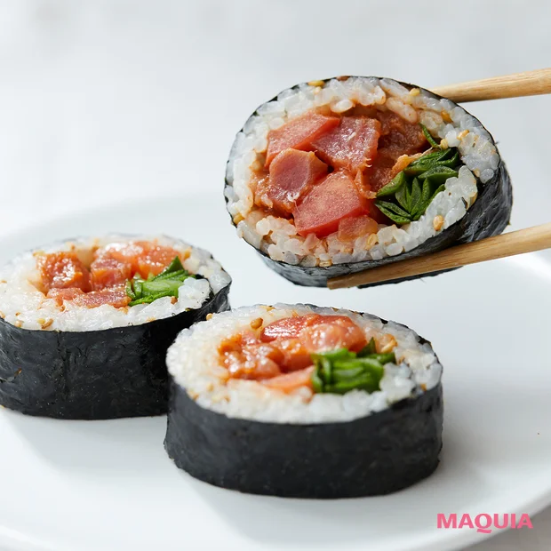 長谷川あかりさんの人気レシピ まぐろとニラの梅トマトキンパ