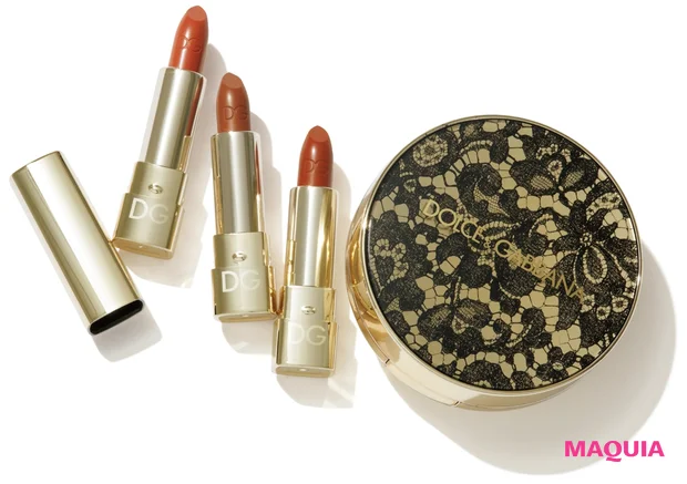 ドルチェ＆ガッバーナ オンリーワンボックス Ⅰ［（右から）プレシャスキン パーフェクトフィニッシュ クッションファンデーション SPF30・PA＋＋＋ 12g、ザ・オンリーワン ルミナスカラー リップスティック ミニサイズ 670、240、150］￥7700／DOLCE＆GABBANA BEAUTY（6/22限定発売）　※ファンデーションのカラーは選択可