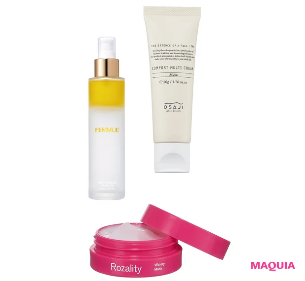 （右）オサジ　 コンフォート  マルチクリーム、（左）ファミュ デュアルエッセンス、（下）SISI  ロザリティ  ウォータリーマスク