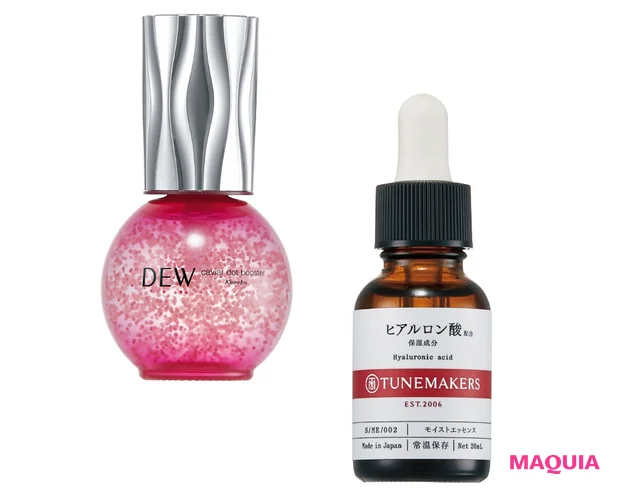 （左）DEW  キャビアドットブースター、（右）チューンメーカーズ  ヒアルロン酸