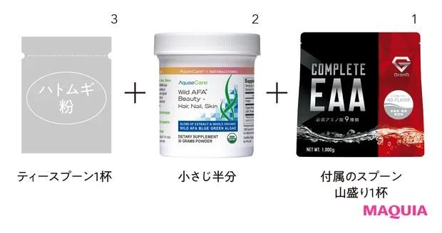 GronG COMPLETE EAA パウダー ノンフレーバー 付属のスプーン山盛り1杯+Wild AFA ビューティー・ヘア ネイル スキン 小さじ半分+ハトムギ粉ティースプーン1杯
