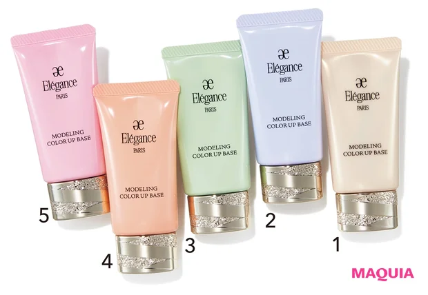 1 モデリング カラーアップ ベース BE902、2 同 LV600、3 同 GR400、4 同 OR200、5 同 PK100 SPF25・PA++ 30g 各￥4950／エレガンス コスメティックス