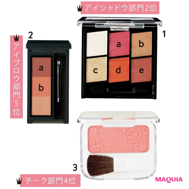 1 ケイト トーンディメンショナルパレット EX-1 ¥1800(編集部調べ)/カネボウ化粧品 2 インディケイト アイブロウパウダー 07 ¥3500/セルヴォーク 3 ナチュラル チークN 01 ¥360/セザンヌ化粧品
