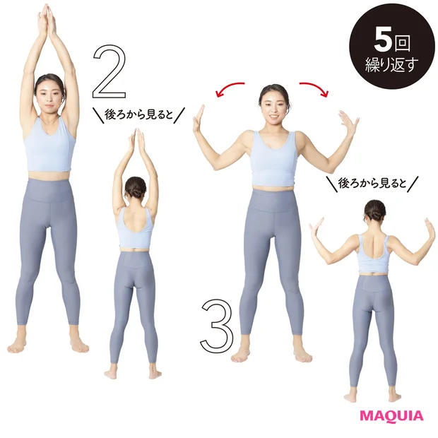 2 甲を合わせたまま腕を上げる、3 腕を下ろし肩甲骨を寄せる