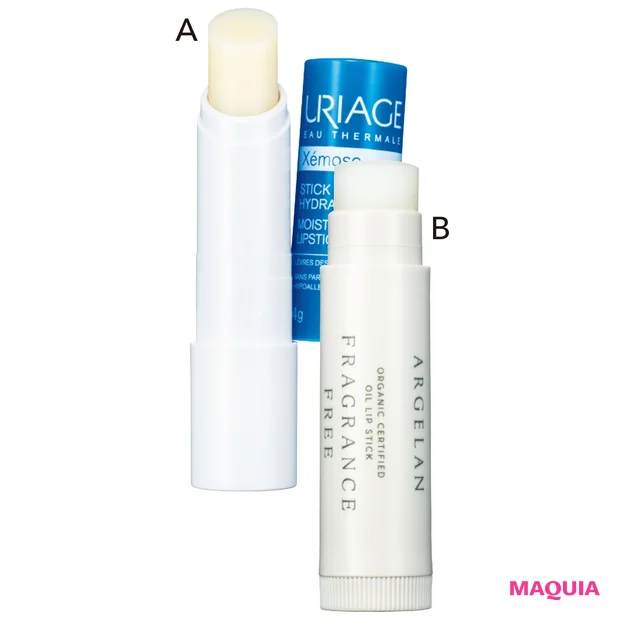 Aユリアージュ モイストリップ(無香料)¥990/佐藤製薬 Bアルジェラン オイルリップスティック 無香料 ¥555/カラーズ