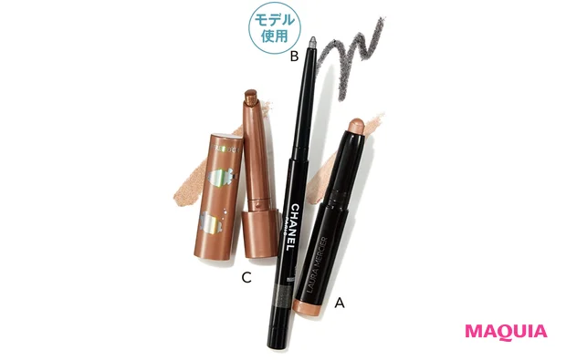 Aキャビアスティック アイカラー ミニ 09 ¥1760/ローラ メルシエ ジャパン Bスティロ ユー ウォータープルーフ N 42 ¥3520/シャネル(7/16発売) Cコフレドール アクアシャインミニシャドウ 10 ¥1320(編集部調べ)/カネボウ化粧品(限定品)