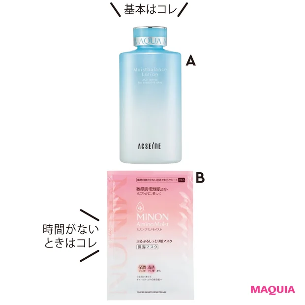 モイストバランス ローション 360ml ¥5500/アクセーヌ、ミノン アミノモイスト ぷるぷるしっとり肌マスク 22ml×4枚入り ¥1200(編集部調べ)/第一三共ヘルスケア
