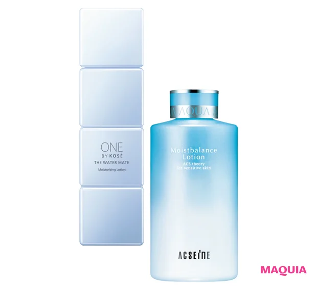 (右)モイストバランス ローション 360ml ¥6050/アクセーヌ (左)ONE BY KOSÉ ザ ウォーター メイト 160ml ¥2640(編集部調べ)/コーセー
