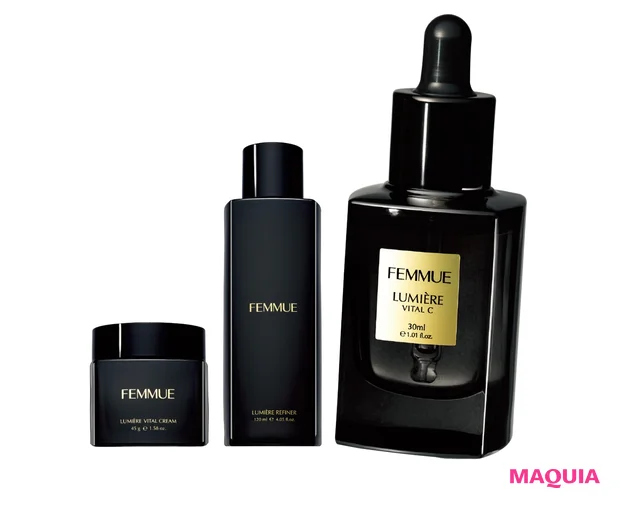 （右から）ルミエール ヴァイタルC 30ml ￥9240、同 リファイナー 120ml ￥6270、同 ヴァイタルクリーム 45g ￥8910／アリエルトレーディング