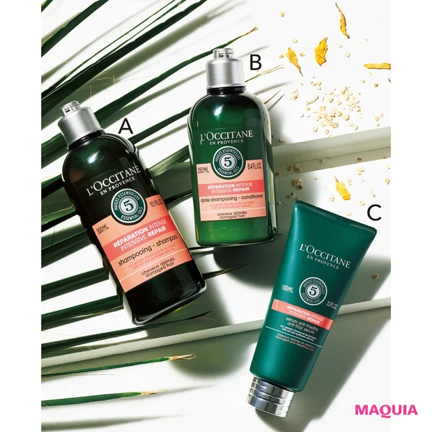 Aファイブハーブス リペアリングシャンプー 300ml ¥2600、B同 コンディショナー 250ml ¥2600、C同 ヘアミルクセラム 100ml ¥3900(8/19発売)/ロクシタンジャポン