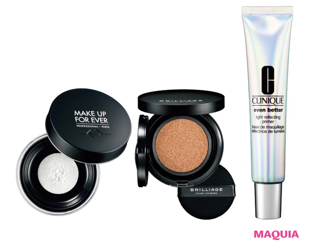 (右から)イーブン ベター ライト リフレクト プライマー 30ml ¥4950/クリニーク、クリエイターズ ロングウェア UV クッション ブリリアントスキン SPF50+・PA++++ 全3色 12g 各¥6930/ブリリアージュ、ウルトラHDルースパウダー 8.5g ¥5280/メイクアップフォーエバー