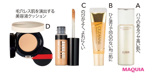 Aリフトモイスト エマルジョン SP Ⅱ(医薬部外品) 130ml ¥3850(編集部調べ)/エリクシール(9月21日発売) Bセザンヌ 毛穴レスコンシーラー ¥715/セザンヌ化粧品 Cアナ スイ ザ コンシーラー 04 5g ¥ 3300/アナ スイ コスメティックス Dドラマティッククッションジェリー 02 SPF50+・PA++++ ¥3520(ケース別売り・編集部調べ)/マキアージュ(9月21日発売)