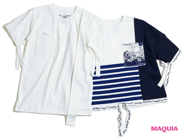 (右)ホワイト×ネイビーボーダープルオーバー¥15000、(左)ホワイトTシャツ¥8000/プチバトー・カスタマーセンター(プチバトー)