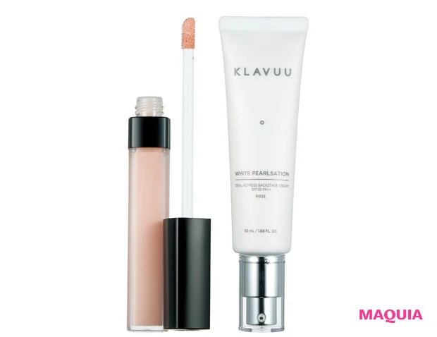(右から)クラヴュー ホワイト・パールセーション アイデアルアクトレス バックステージクリーム ローズ SPF30・PA++ 50ml ¥2970/森光、ル コレクトゥール ドゥ シャネル N ローズ ¥4730/シャネル